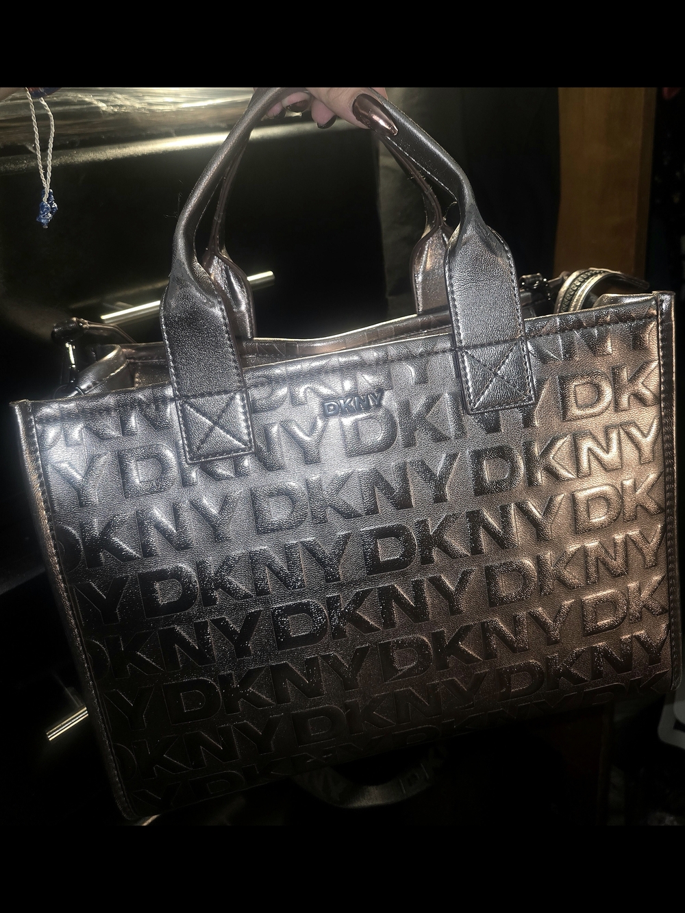 DKNY Metallic Bronze Logo Embossed Tote Bag